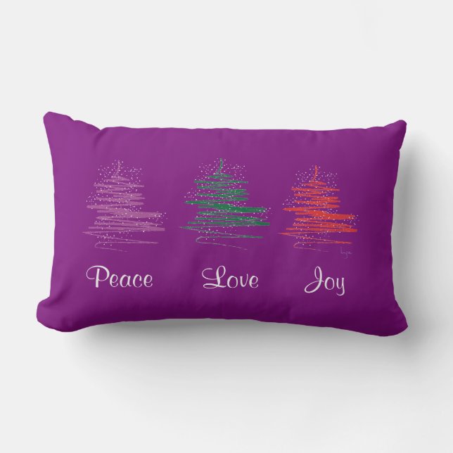 Peace, Love, Joy, Holiday Modern Purple Lumbar Pillow (Front)