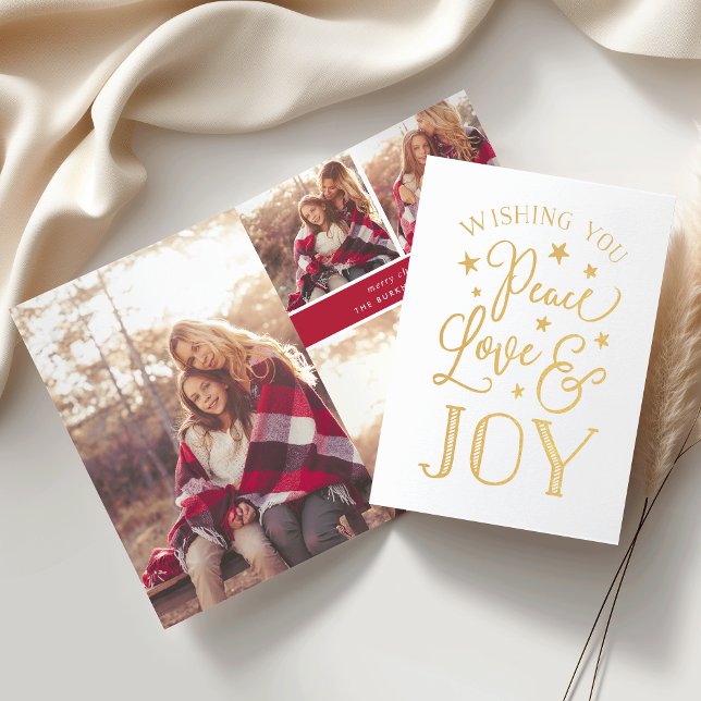 Peace, Love & Joy | Holiday Photo Collage Gold Foil Card (Creator Uploaded)