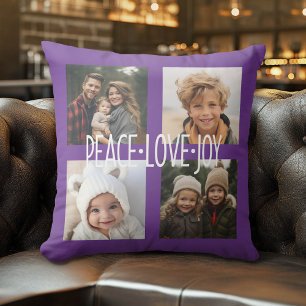 Peace Love Joy - Holiday Photo Collage Purple Throw Pillow