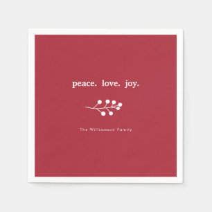Peace Love Joy Holly Berries Holiday Christmas Red Napkins
