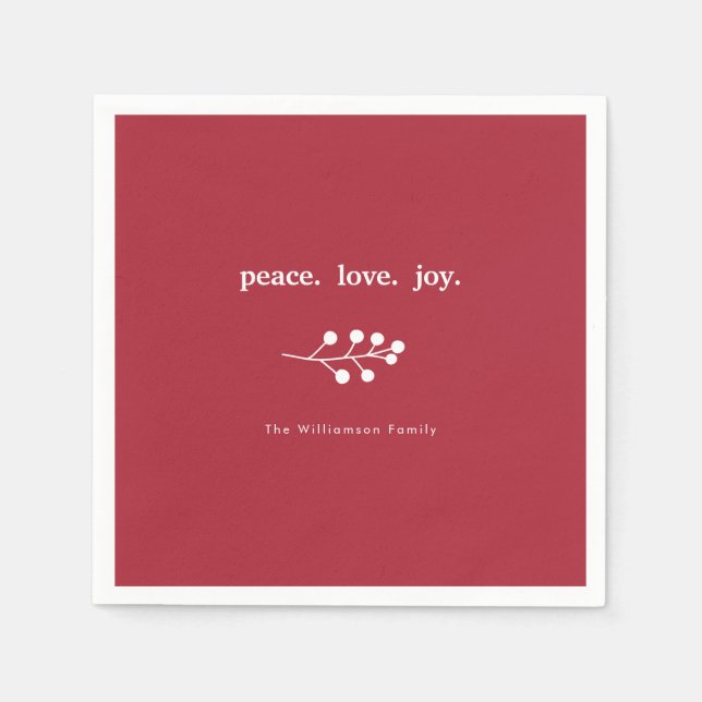 Peace Love Joy Holly Berries Holiday Christmas Red Napkins (Front)