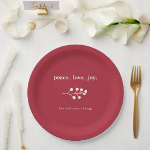 Peace Love Joy Holly Berries Holiday Christmas Red Paper Plates