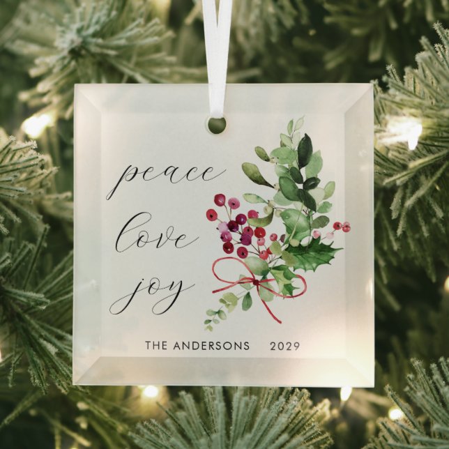 Peace Love Joy Holly Berry Red  Glass Ornament (Insitu)