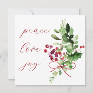 Peace Love Joy Holly Berry Red Holiday Card
