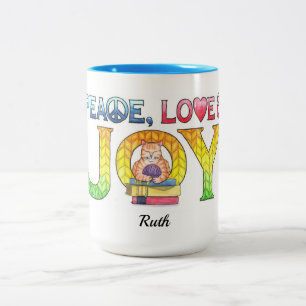 Peace Love Joy Knitting Kitty Personalized Two-Tone Coffee Mug