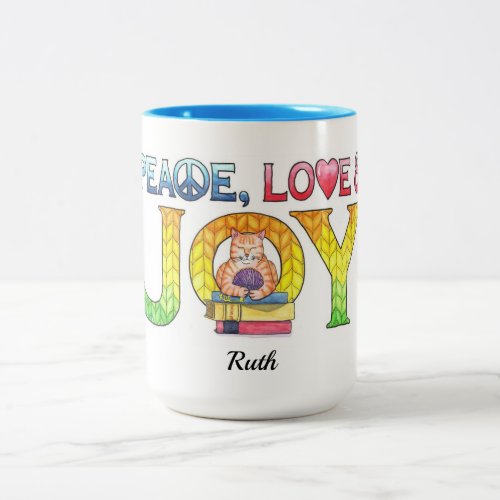 Peace Love Joy Knitting Kitty Personalized Two_Tone Coffee Mug