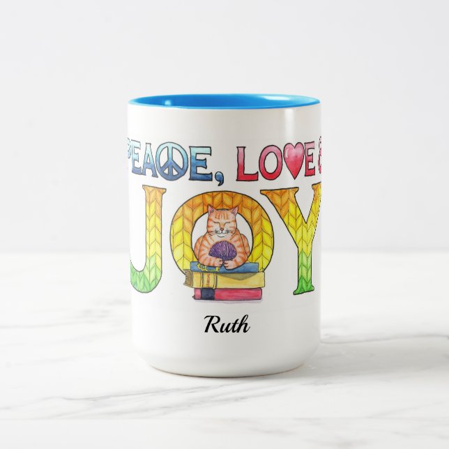 Peace Love Joy Knitting Kitty Personalized Two-Tone Coffee Mug (Center)