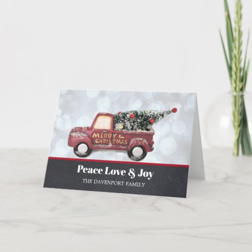 Peace Love  Joy Little Red Truck with Xmas Tree Holiday Card
