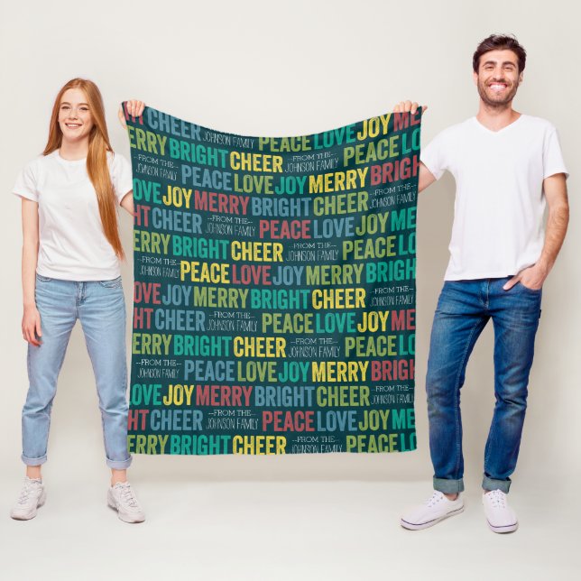 Peace Love Joy Merry Cheer with custom Family Name Fleece Blanket (In Situ)