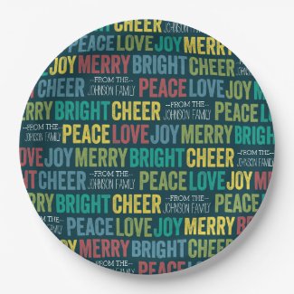 Peace Love Joy Merry Cheer with custom Family Name Paper Plate