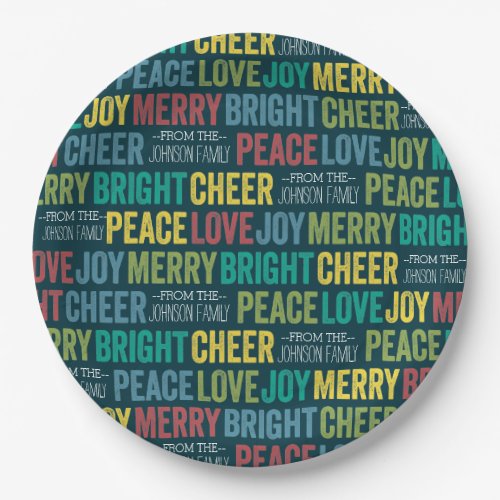 Peace Love Joy Merry Cheer with custom Family Name Paper Plates