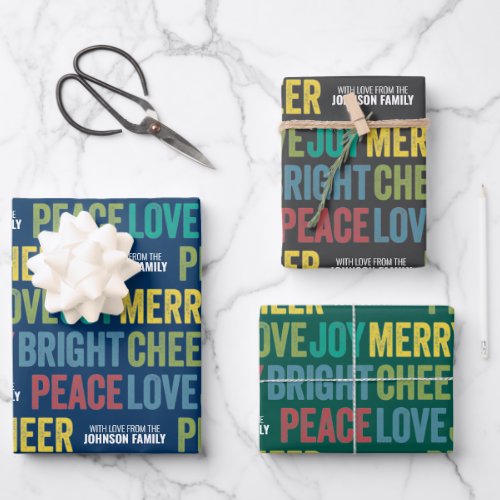 Peace Love Joy Merry Cheer with custom Family Name Wrapping Paper Sheets