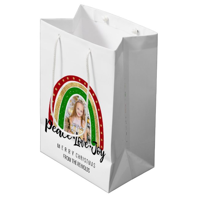 Peace Love Joy Merry Christmas Rainbow Photo Medium Gift Bag (Front Angled)