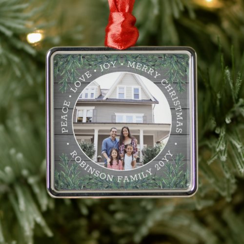 Peace Love Joy Merry Xmas Greenery Faux Wood Photo Metal Ornament - Celebrate the simple joys of the holidays with a custom photo faux wood round metal ornament. Text and picture on this template are simple to personalize. (IMAGE & TEXT DESIGN TIPS: 1) To adjust position of wording, add spaces at beginning or end. 2) To center the photo exactly how you want, crop it into a square shape before uploading to the Zazzle website.) If preferred, change "Peace Love Joy Merry Christmas" to any quote or saying. Modern farmhouse style design features a rustic grey faux wood background, stylish typography name and year, and 1 image of your choice. This unique family keepsake adds an elegant touch to Xmas home decorations.
