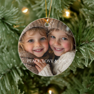Peace Love Joy Minimal Classic Christmas Photo    Ceramic Ornament