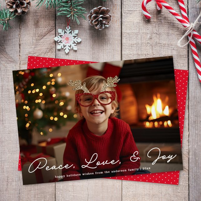 Peace Love & Joy Minimalist Script Photo Christmas Holiday Card (Creator Uploaded)