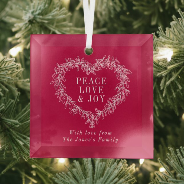 Peace, love joy mistletoe Christmas white red Glass Ornament (Insitu)