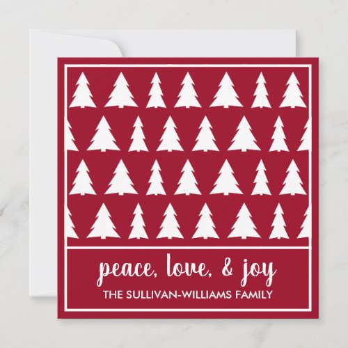 Peace Love Joy Modern Burgundy White Tree Pattern Holiday Card