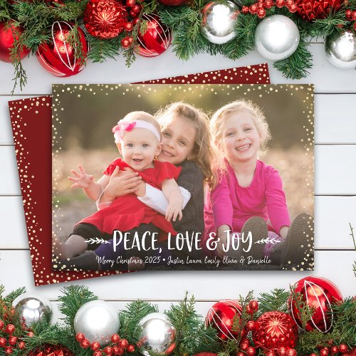 Peace Love Joy Modern Chic Typography Custom Photo Holiday Card