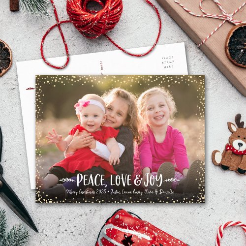 Peace Love Joy Modern Chic Typography Custom Photo Holiday Postcard