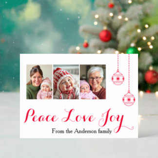 Peace, Love, Joy modern Christmas Holiday Letterpress Photo Cards