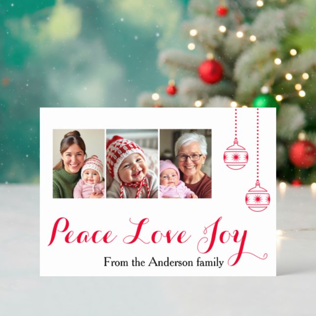 Peace, Love, Joy modern Christmas Holiday Letterpress Photo Cards (Front (Into))