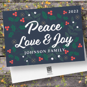 Peace Love & Joy Modern Holly Berries Foliage Holiday Card