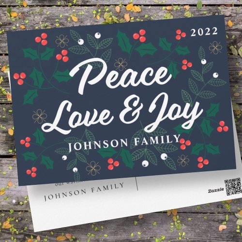 Peace Love  Joy Modern Holly Berries Foliage Holiday Postcard