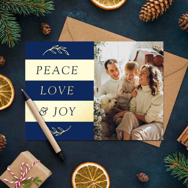 Peace, Love & Joy Modern Photo Christmas Real Foil Holiday Card (Creator Uploaded)