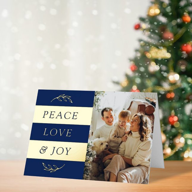 Peace, Love & Joy Modern Photo Christmas Real Foil Holiday Card (Creator Uploaded)