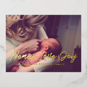 Peace Love Joy modern photo Foil Holiday Postcard