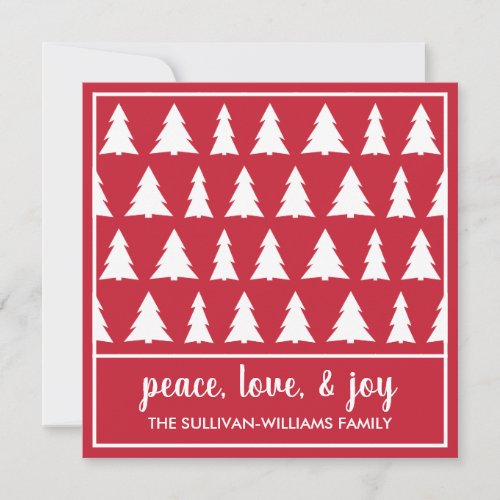 Peace Love Joy Modern Red White Tree Pattern Holiday Card