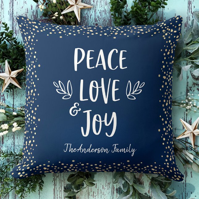Peace Love Joy Modern Script Gold Dots Navy Name Throw Pillow (Creator Uploaded)