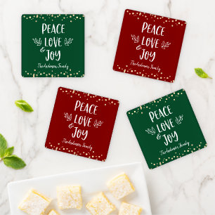 Peace Love Joy Modern Typography Red Green Gold Coaster Set
