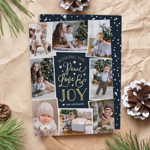 Peace Love  Joy  Multi Photo Collage Foil Holiday Card