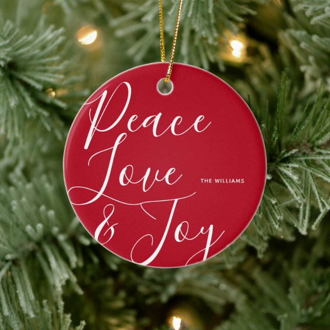 Peace Love Joy Personalized Christmas Ceramic Ornament (Tree)