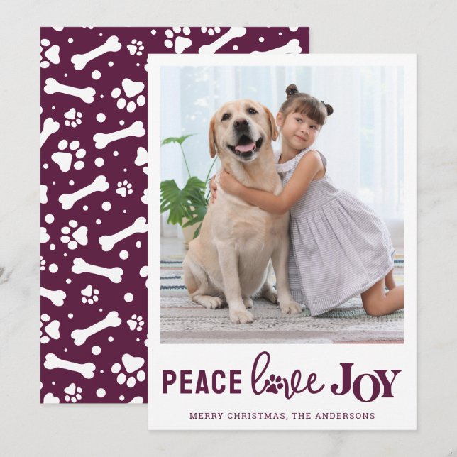 PEACE LOVE JOY Personalized Plum Dog Pet Photo Holiday Card (Front/Back)