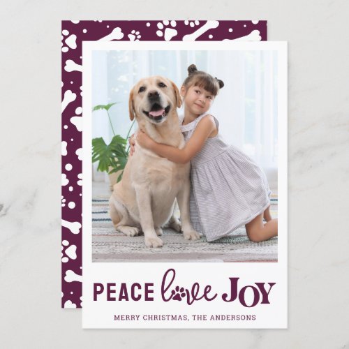 PEACE LOVE JOY Personalized Plum Dog Pet Photo Holiday Card