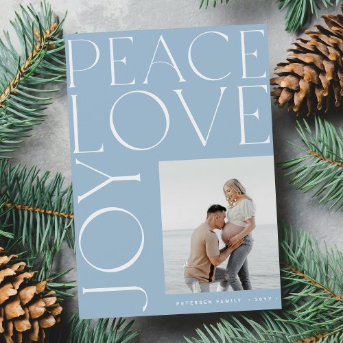Peace Love Joy photo blue white Christmas Holiday Card