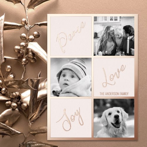 Peace love joy Photo Christmas real rose gold Foil Holiday Card