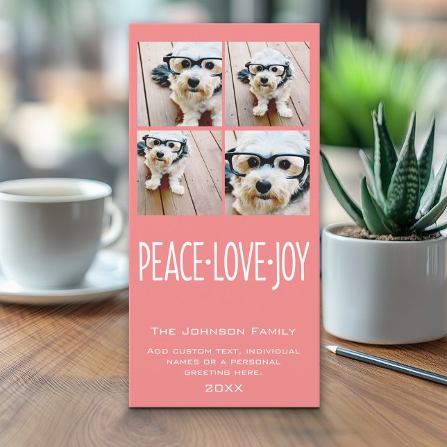 Peace Love Joy - photo collage Coral Holiday Card (Classic Christmas Photo Card)