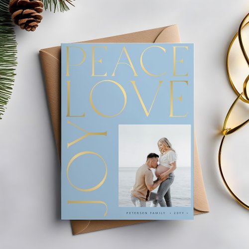 Peace Love Joy photo gold typography Christmas Holiday Card