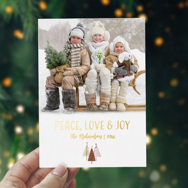 Peace Love Joy Photo Personalized Elegant Gold Foil Holiday Card (Peace Love Joy Photo Personalized Elegant Gold Foil Holiday Card)