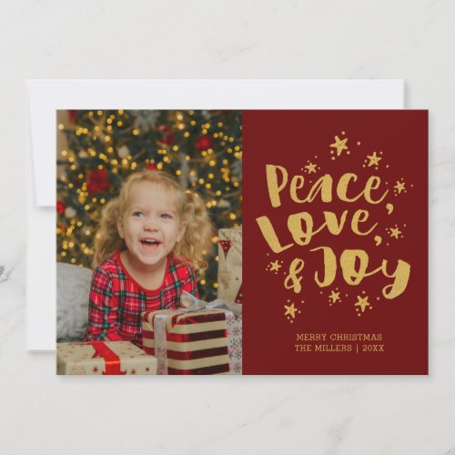 Peace Love Joy Photo Red Gold Christmas Card