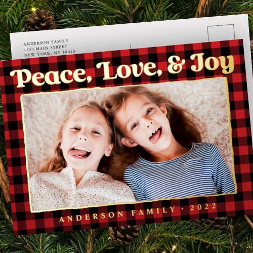 Peace Love  Joy Plaid Pattern Family Photo Foil Holiday Postcard