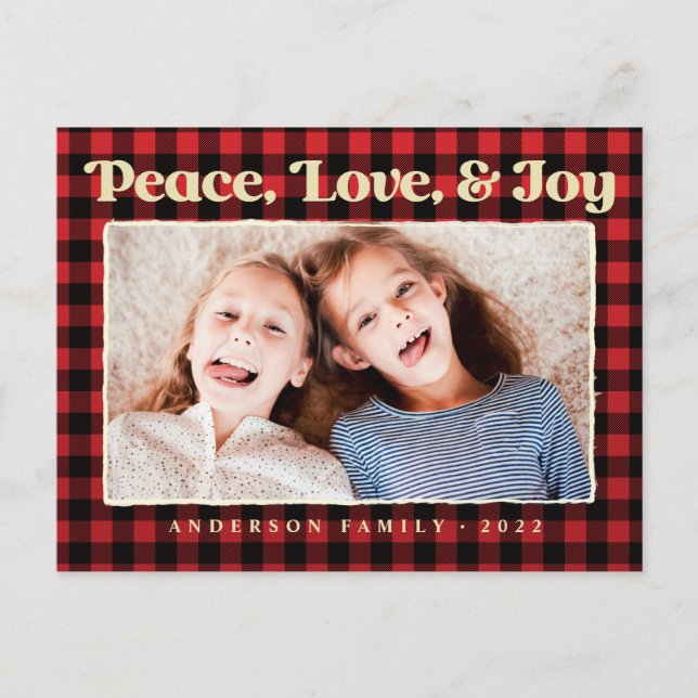 Peace Love & Joy Plaid Pattern Family Photo Holiday Postcard (Front)