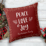 “Peace Love Joy” Quote Modern Typography Red Name Throw Pillow<br><div class="desc">“Peace, love & joy.” A playful visual of whimsical, handwritten typography and champagne gold confetti dots against a dark brick red background, helps you usher in Christmas and New Year. Feel the warmth and joy of the holiday season whenever you relax with this stylish and modern throw pillow. Personalize with...</div>