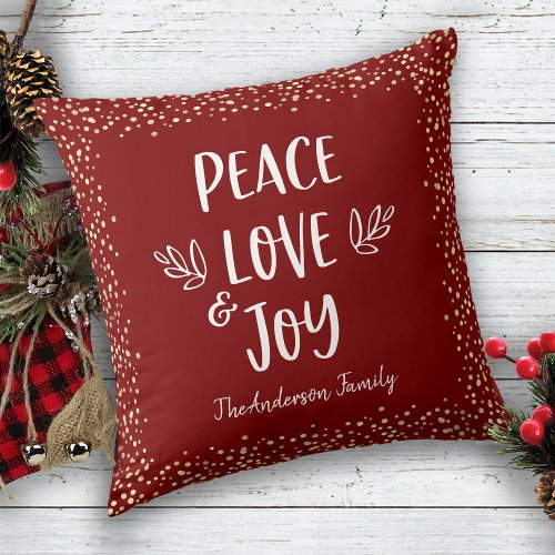 Peace Love Joy Quote Modern Typography Red Name Throw Pillow