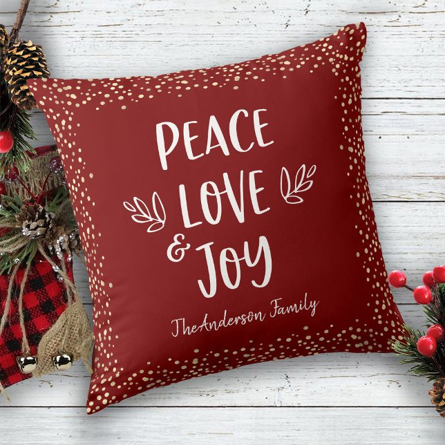 “Peace Love Joy” Quote Modern Typography Red Name Throw Pillow (Creator Uploaded)