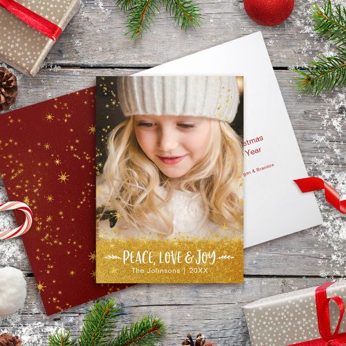 Peace Love Joy Quote Script Photo Modern Gold Star Holiday Card